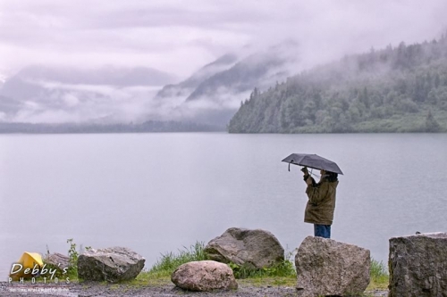 AK72 Haines, AK Scenic in Fog and Rain, Lady & Umbrella